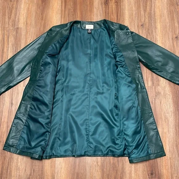 Neimann Marcus Basic Women’s Long Leather Coat, Pine Green Size XL - Picture 13 of 15